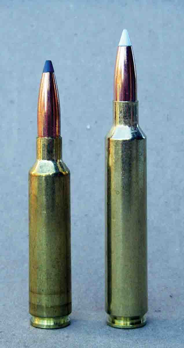 The 6.5 Weatherby RPM (right) is based on a “stretched” 6.5-284 Norma case (left).